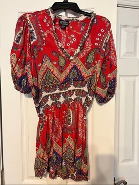 Angie Red Paisley V‑Neck Blouse with Multicolor Print